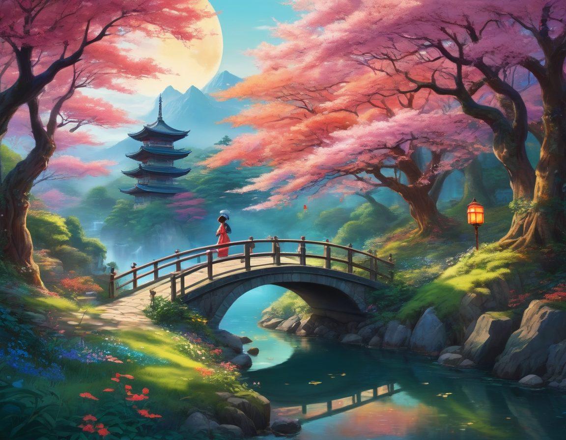 A captivating scene featuring a surreal landscape combining elements of anime and manga, with vibrant, eye-catching colors. Illustrate an enchanted forest filled with stylized characters experiencing various adventures, surrounded by fantastical creatures. Include iconic symbols of Japanese culture like lanterns and cherry blossoms subtly integrated into the background. The overall vibe should be playful and whimsical, inviting viewers to dive into the allure of hentai. vibrant colors. anime style. detailed illustration.