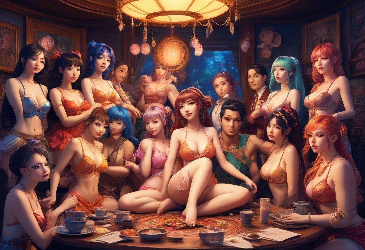A captivating illustration showcasing a vibrant and colorful portrayal of various characters inspired by the aesthetics of hentai, blending fantasy and reality. Include elements that convey community connection, such as a diverse group of fans engaging in discussions or art creation, surrounded by iconic symbols of adult culture. The background should evoke a sense of intrigue and allure, with soft lighting and whimsical designs. super-realistic. vibrant colors. fantasy art.